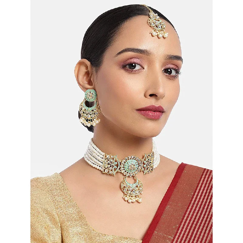 Beautiful Gold Chain Necklaces-Etnico 18K Gold Plated Traditional Kundan Studded Pearl Choker Necklace Jewellery Set For Women (ML291Min)