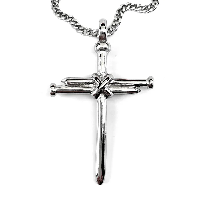 Elegant Wedding Pendant Necklaces-Nail Cross Rhodium Finish Chain Necklace