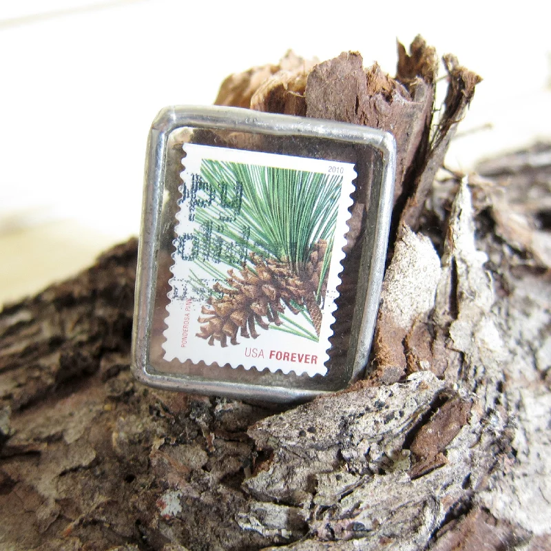 Personalized Brooch with Initials-Personalized Brooch with Initials-Pine Cone Brooch Soldered Glass Postage Stamp Pin