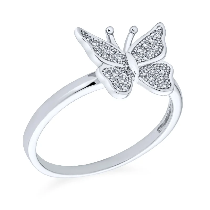 Unique Vintage Wedding Rings-Garden Insect Cocktail Statement Ring: Sterling Silver Butterfly with CZ Pavé