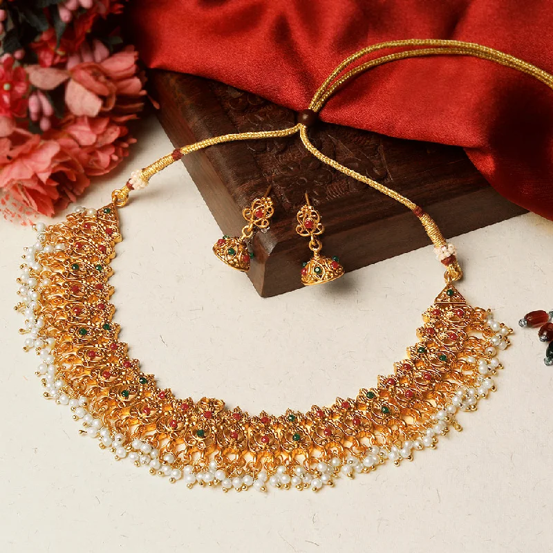 Designer Choker Necklaces-Shrishti Fashion Trendy Gold Plated Choker Necklace Set For Women