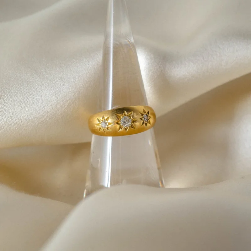 Silver and Diamond Rings-Magical 18k Yellow Gold 3 Stone Ring with Star-Set Diamonds