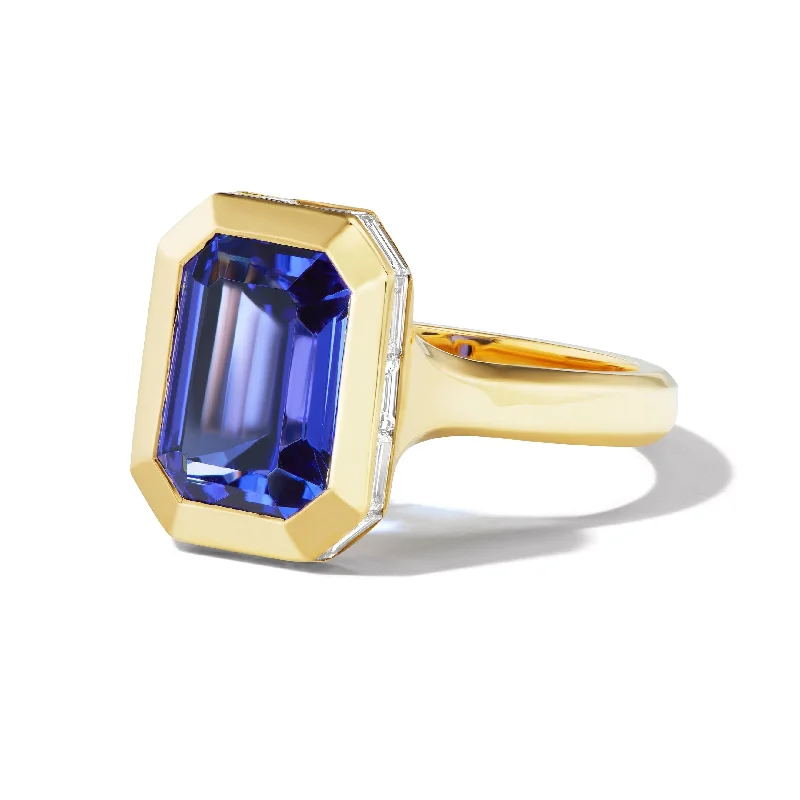 Simple Promise Rings-SHIELD BEZEL SET EMERALD CUT TANZANITE RING