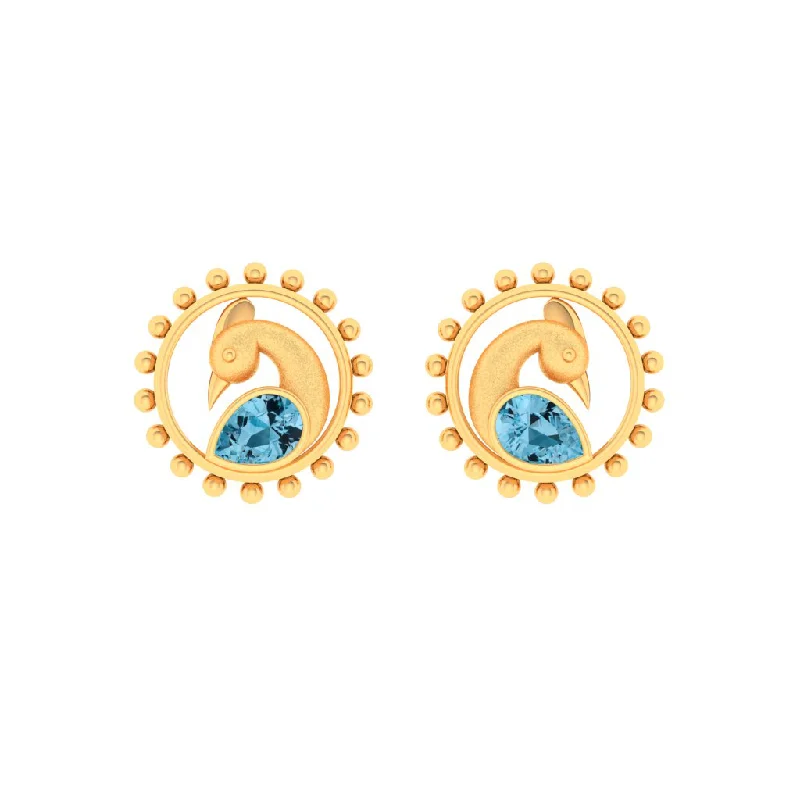 Colorful Beaded Earrings-14k Cute Peacock Shaped Gold Stud Earrings With Blue Stone