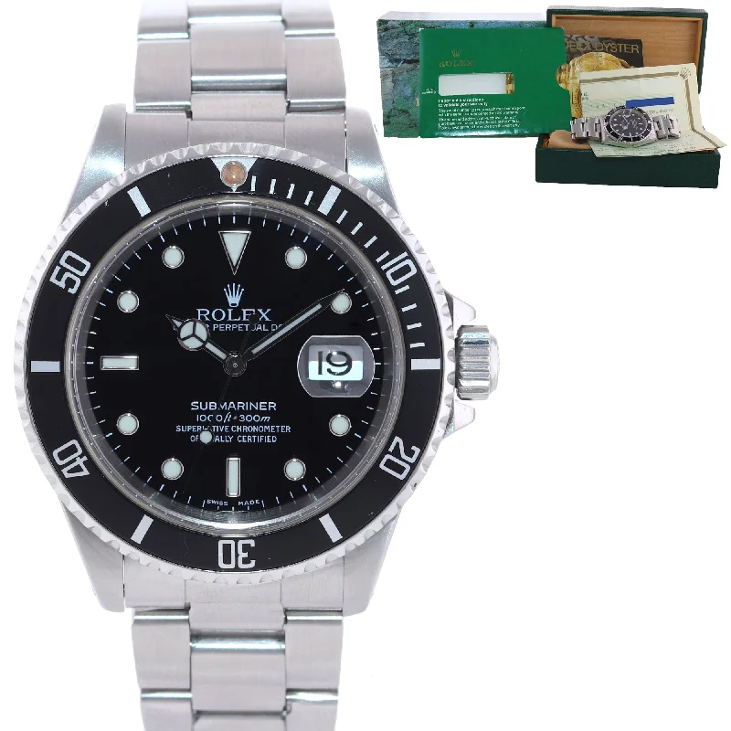 Classic Leather Strap Watches-PAPERS Rolex 16610 Rolex Black Submariner Steel 40mm Oyster Watch Box