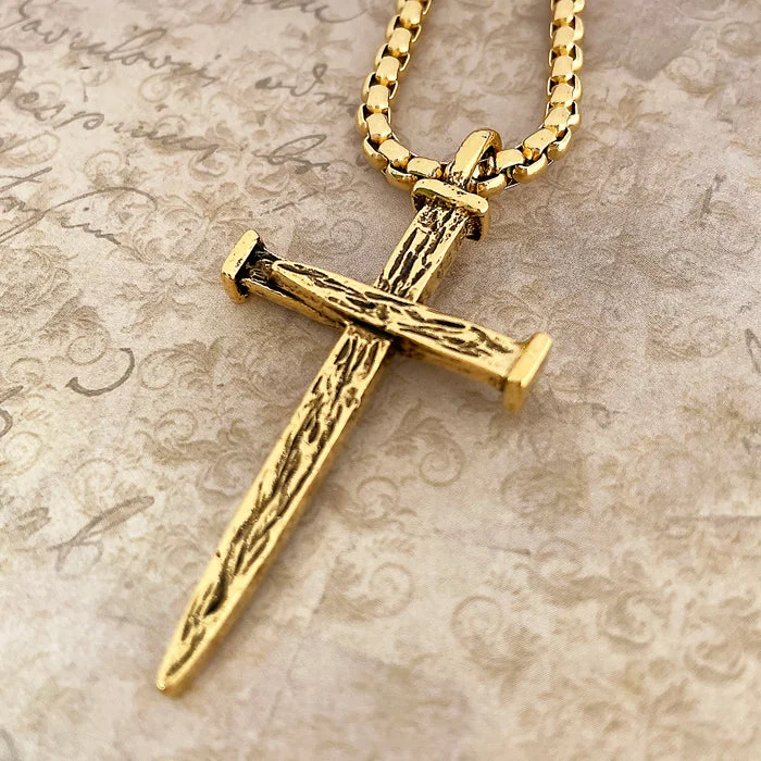 Classic Pearl Necklaces-Nail Cross Large Rugged Gold Finish Heavy Chain Necklace