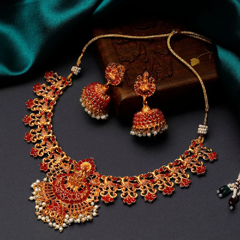 Stylish Pearl Necklaces-Shrishti Fashion Traditional Laxmi Design Gold Plated Choker Necklace set For Women.