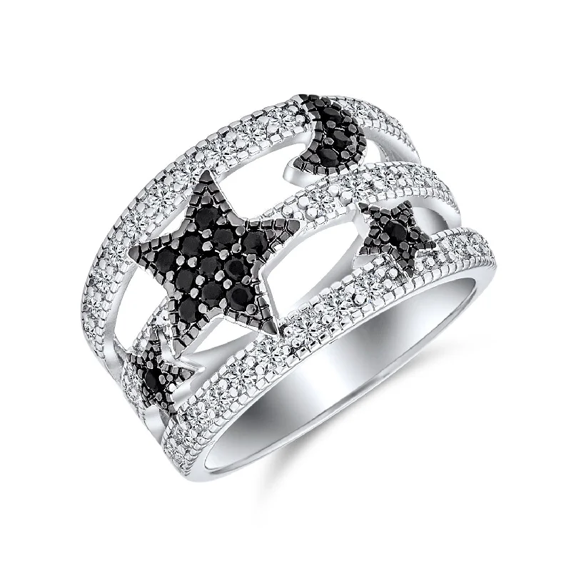 Vintage Gemstone Rings-Black White Pave CZ Cocktail Statement Ring Silver Plated Celestial Band