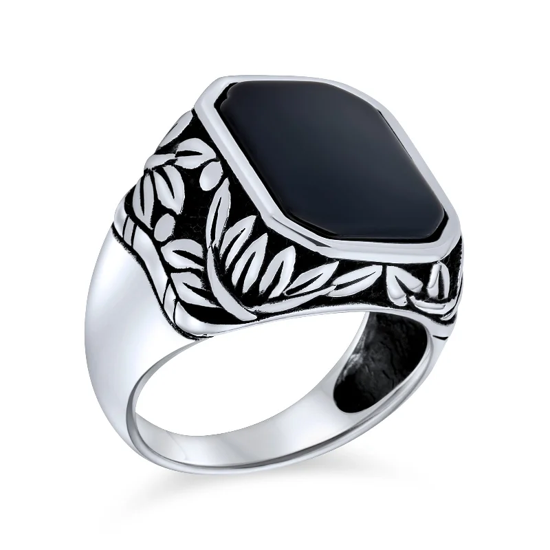 Silver Wedding Rings for Women-Retro Vintage Mens Silver Ring Leaf Vine Black Onyx Gemstone Signet Jewelry 925 Sterling