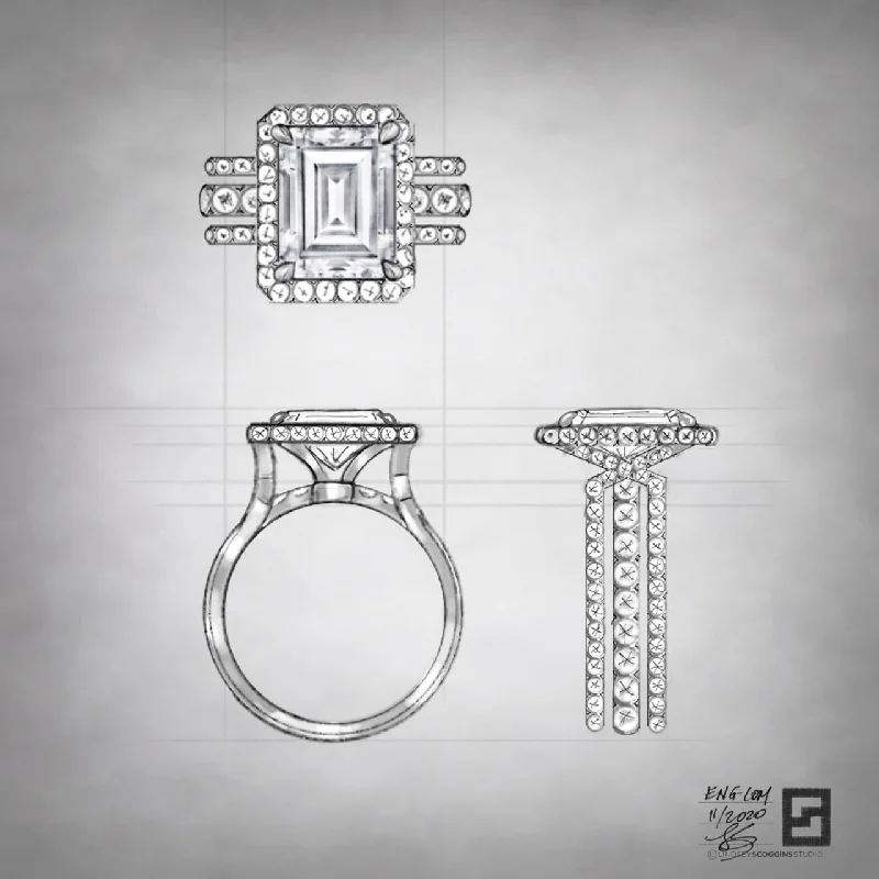 Colored Diamond Engagement Rings-EMERALD CUT THREE ROW BRIDGE ENGAGEMENT RING