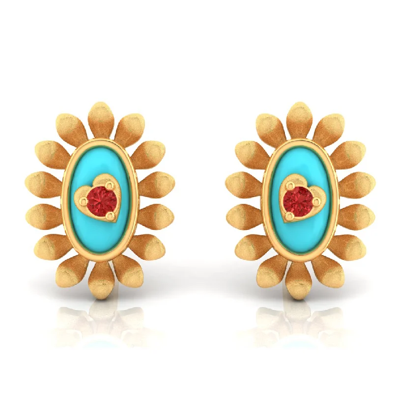 Elegant Crystal Earrings-14k Sunflower Designed Gold Earrings With A Heart In The Center