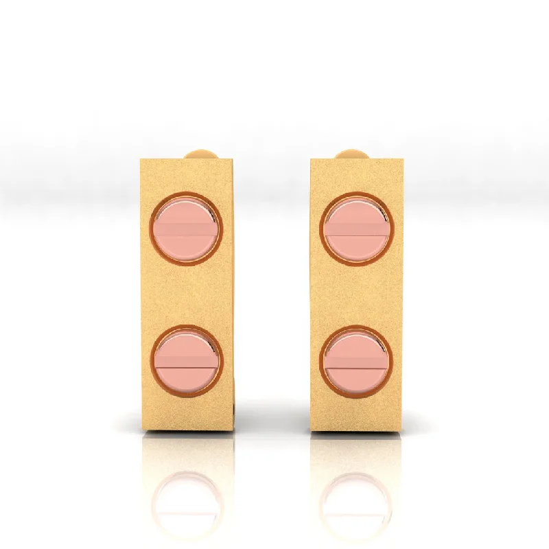 Long Dangle Earrings-14k Rectangular Shaped Gold Earrings With Two Yellow Gold Dot