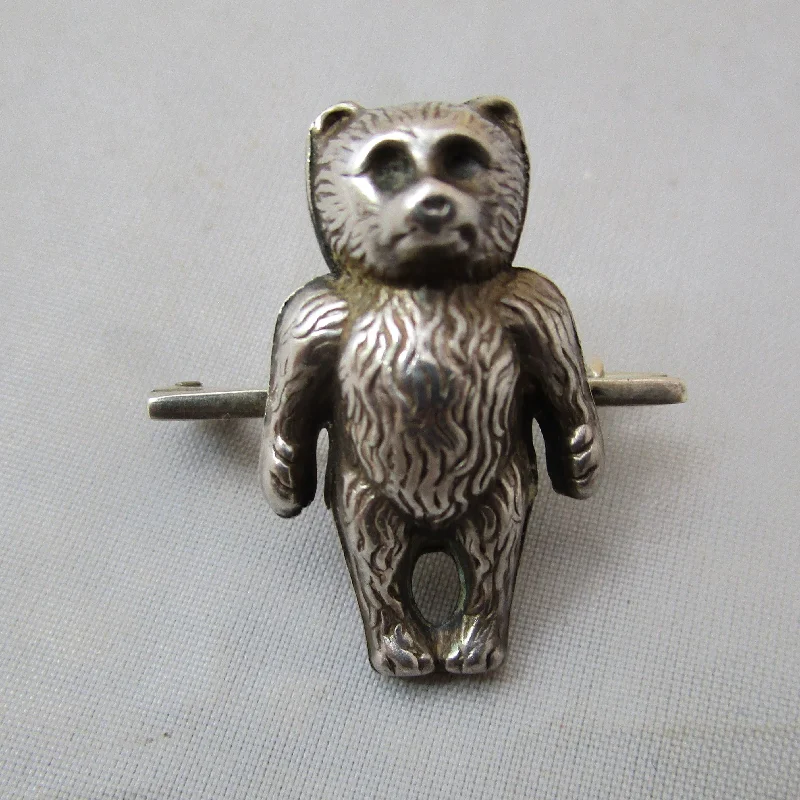 Unique Brooch for Special Gifts-Unique Brooch for Special Gifts-Sterling Silver Puffy Teddy Bear Brooch Antique Edwardian Chester 1909