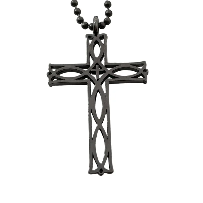 Minimalist Necklaces for Women-Cross Ichthus Fish Dark Metal Finish Pendant Dark Finish Ball Chain Necklace