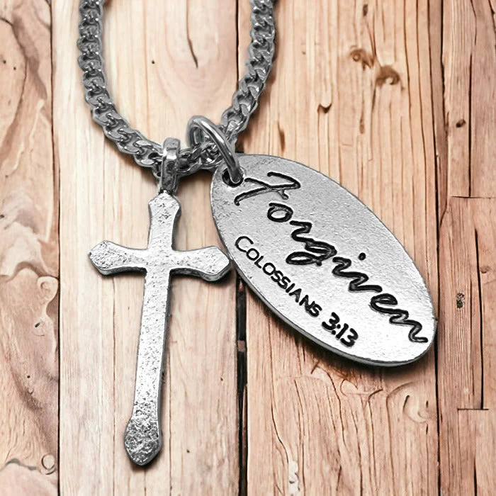 Unique Pendant Necklaces-Cross Antique Silver Metal Finish Forgiven Tag Curb Chain Necklace