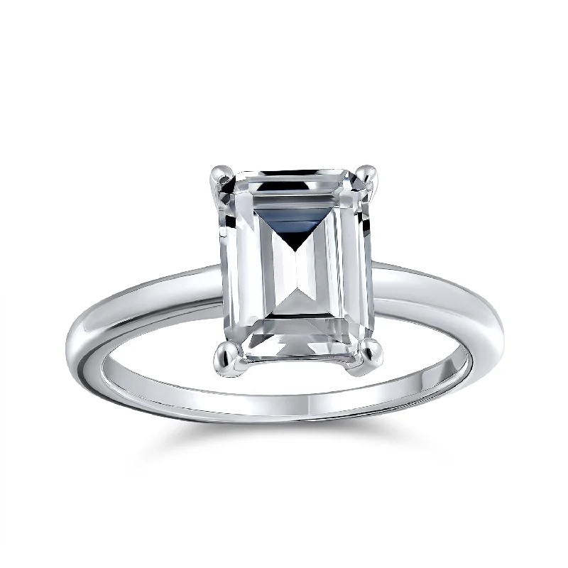 Customized Gold Rings-Classic 2.5CT Emerald Cut CZ Solitaire Engagement Ring, Sterling Silver Thin Band