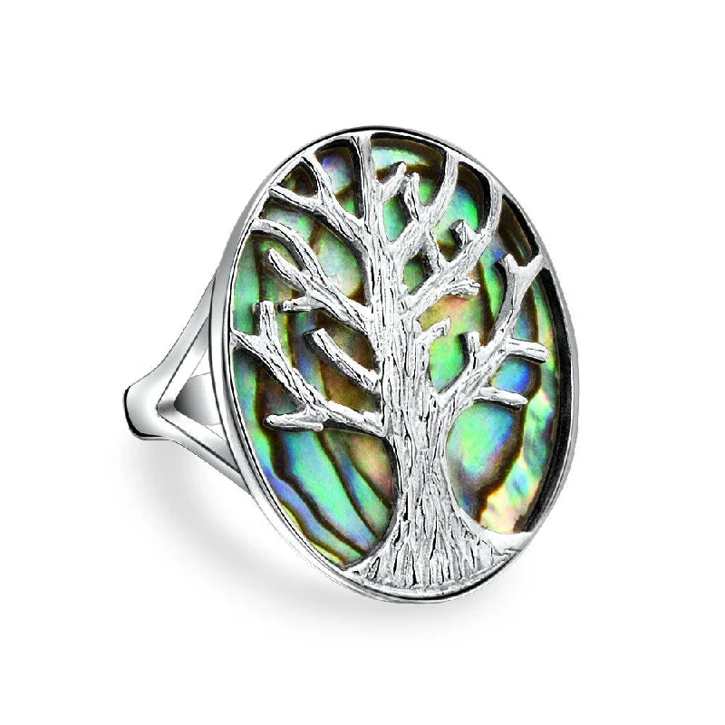 Silver Wedding Rings for Men-Large Iridescent Abalone Mother of Pearl Tree of Life Silver Ring Sterling