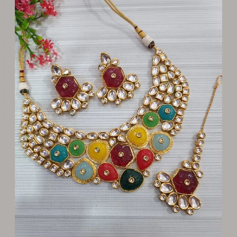 Luxury Diamond Necklaces-JCM Gold Plated Kundan Stone & Meenakari Necklace Set