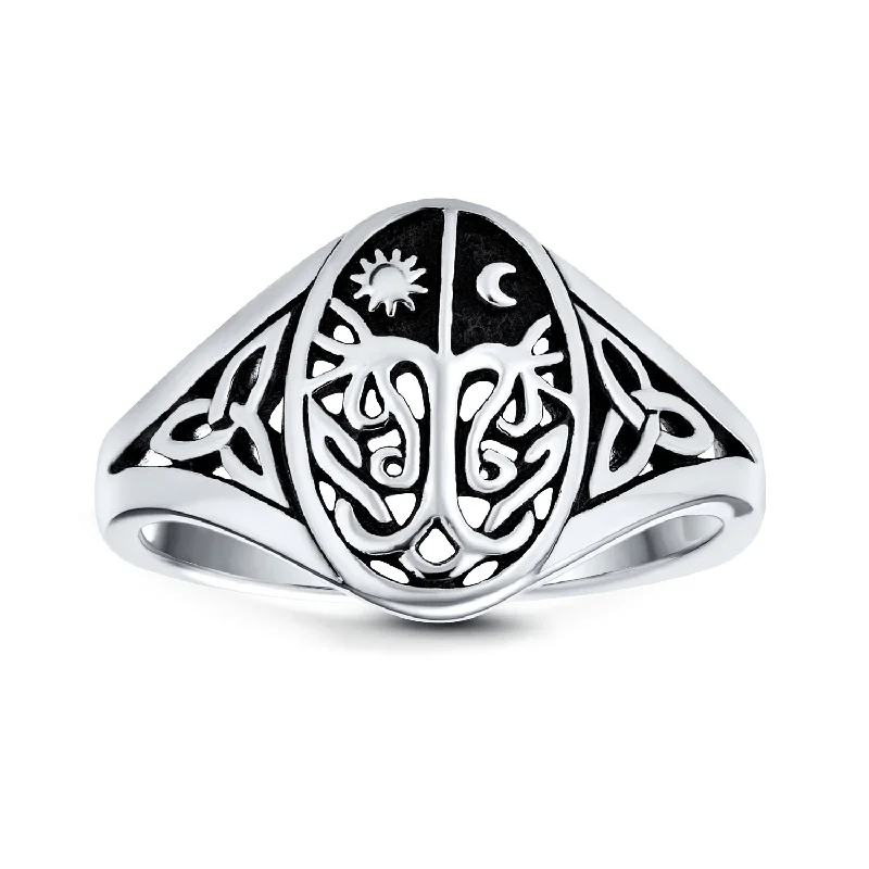 Customized Engagement Rings-Celestial Celtic Sun Moon Tree Of Life Signet Silver Ring Antique Style Sterling