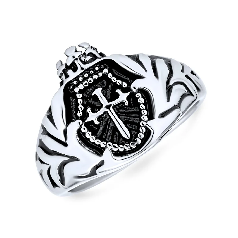 Unique Gold Wedding Rings-Mens Statement Crown Knight Arms Shield Signet Cross Ring Black Stainless Steel