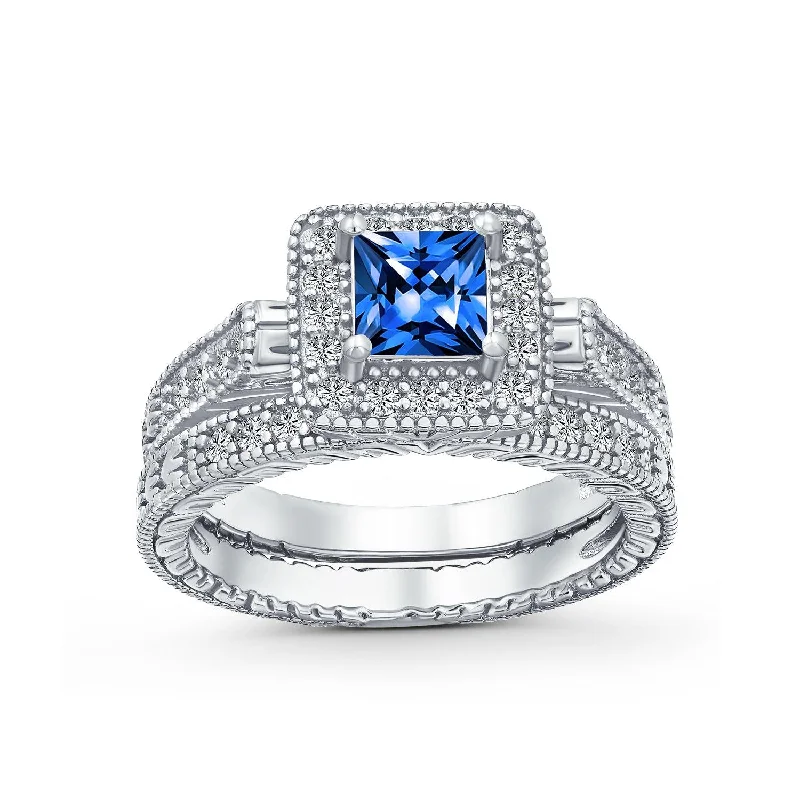 Emerald-Cut Diamond Rings-Art Deco Cocktail Statement Ring with Blue Sapphire CZ in Rose Gold Sterling Silver