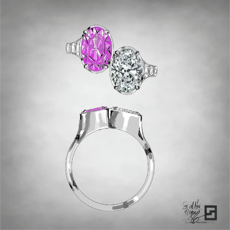 Fashion Rings for Teens-PINK SAPPHIRE AND OVAL DIAMOND TOI ET MOI RING