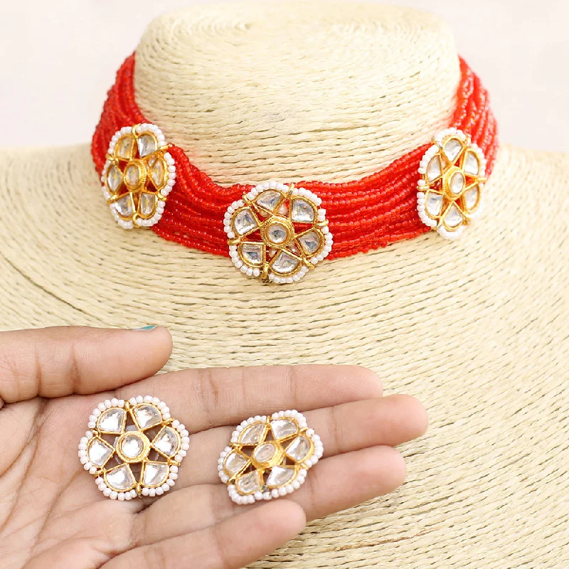 Handmade Necklaces Online-Beadsnfashion Seed Beads Beaded Kundan Choker Set Red