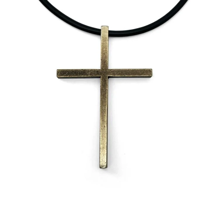 Bold Statement Necklaces-Cross Large Antique Brass Finish Pendant Black Cord Necklace