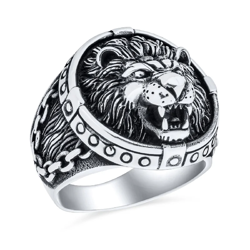 Handmade Gold Rings-Mens Silver Ring - Vintage Style King of Jungle Lion Signet Oxidized Sterling Silver