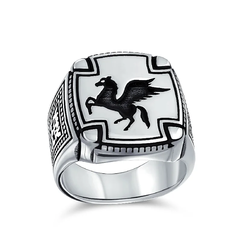 Large Cocktail Rings-Mens Silver Ring: 2 Tone Greek Mythical Pegasus Signet Oxidized .925 Sterling Silver