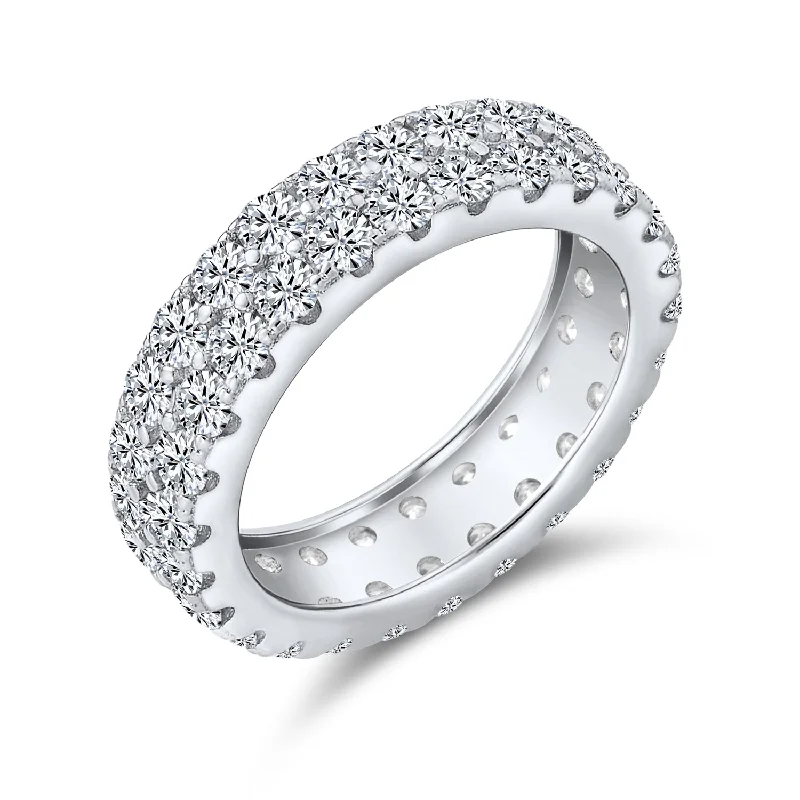 Unique Promise Rings-Classic Cocktail Statement Ring: Two Row Pave CZ Bridal Eternity Band Sterling Silver