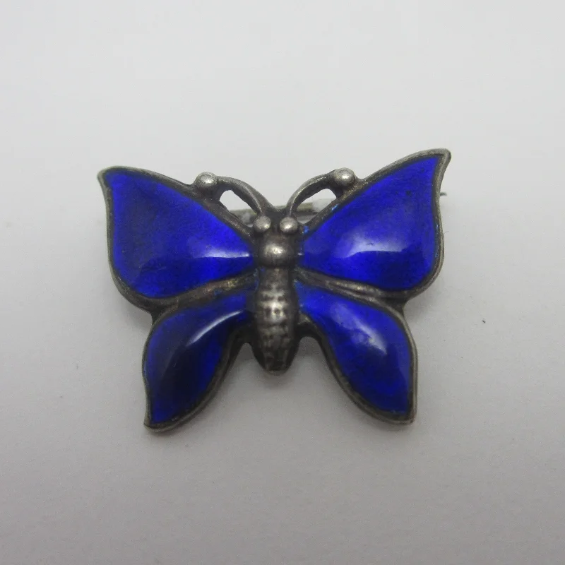 Custom Floral Brooch for Brides-Custom Floral Brooch for Brides-Blue Enamel Butterfly Sterling Silver Brooch Pin Vintage Art Deco c1920