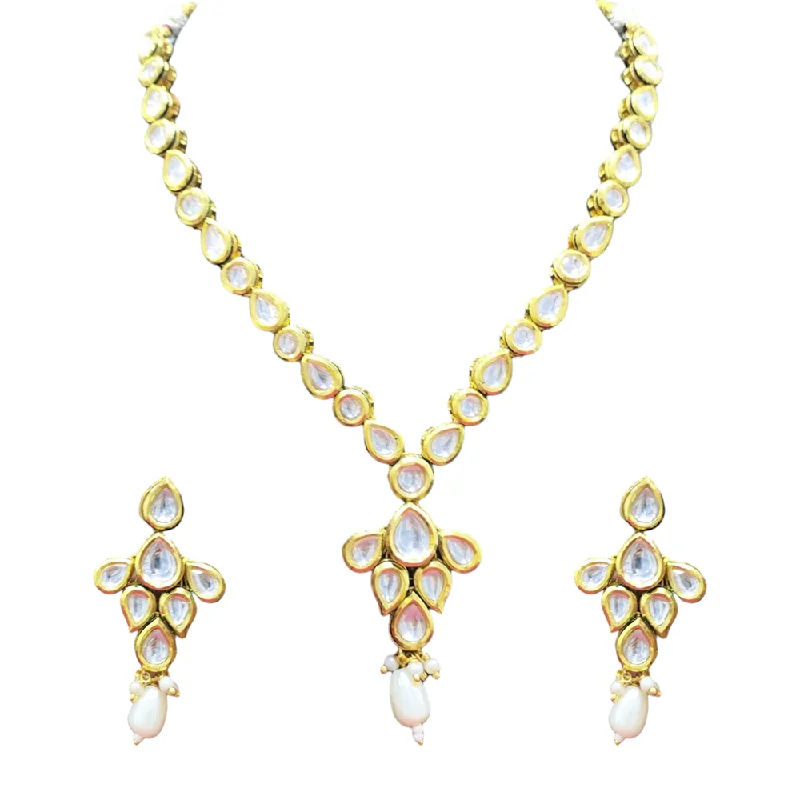 Long Diamond Necklaces-Gehana Mahal Gold Plated Kundan Necklace Set