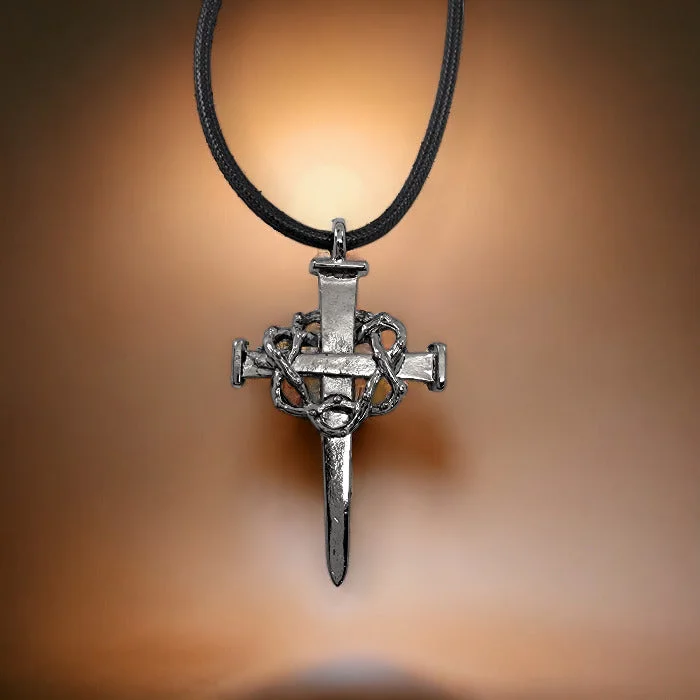 Bohemian Style Necklaces-Crown Of Thorns Nail Cross Large Dark Metal Finish Pendant Black Cord Necklace