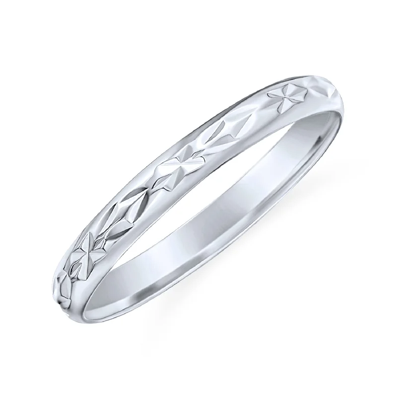 Double Band Wedding Rings-Mens Silver Ring: Elegant Diamond Cut Wedding Band with Striped Edge Pattern