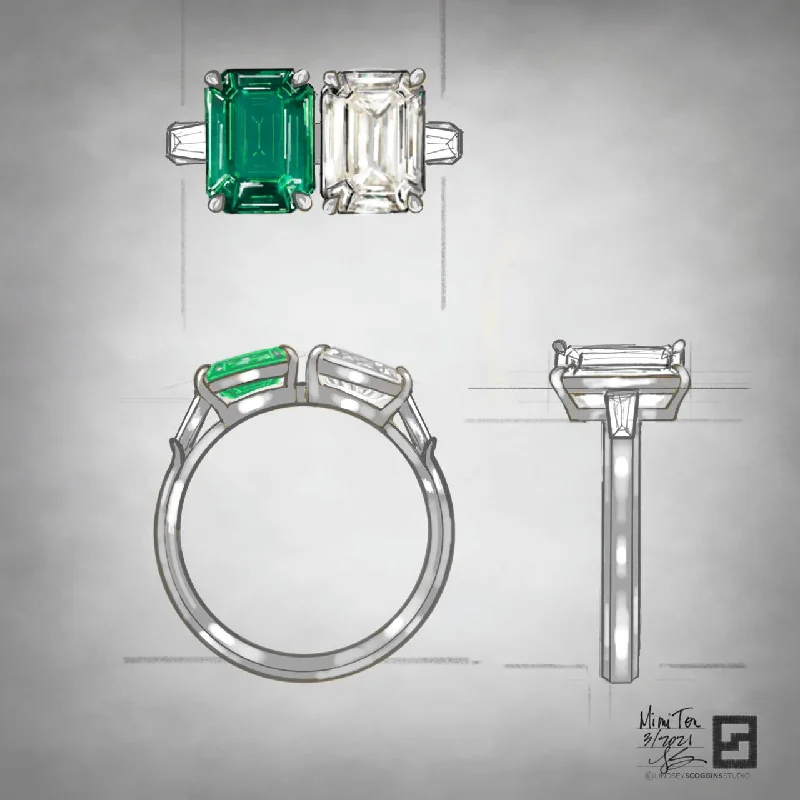 Multi-Stone Engagement Rings-EMERALD AND DIAMOND TOI ET MOI ENGAGEMENT RING WITH BAGUETTES