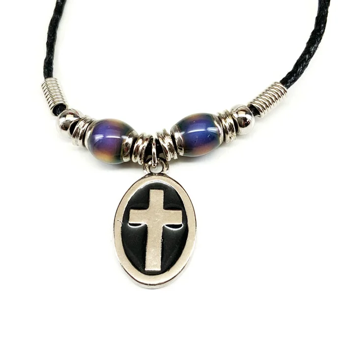 Custom Engraved Necklaces-Cross Oval Mood Bead Necklace