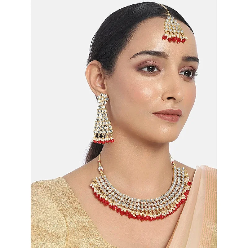 Green Gemstone Necklaces-Etnico Traditional Gold Plated Handcrafted Stone Studded & Pearl Necklace Set with Earrings & Maang Tikka for Women (M4111R)