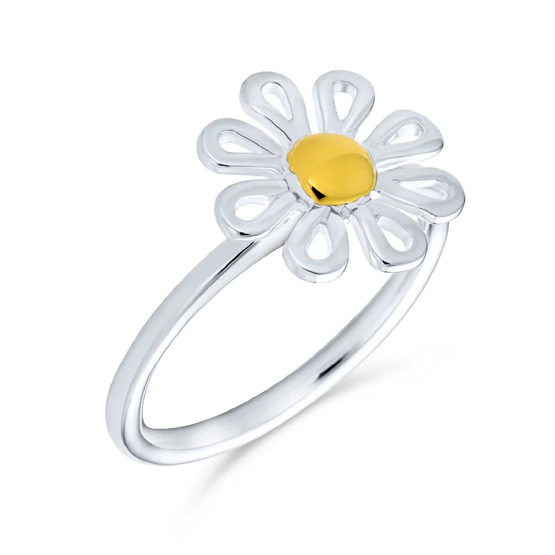 Wedding Rings with Diamonds-Delicate Two Tone Flower Silver Ring Thin Band 14K Gold Plated Sterling Silver