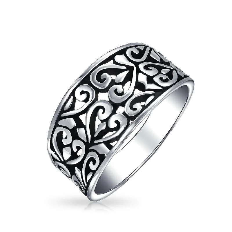 Solitaire Diamond Wedding Rings-Boho Fashion Sterling Silver Ring with Open Swirl Hearts Filigree Design