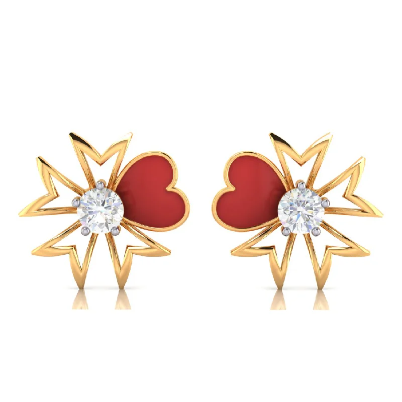 Custom Gemstone Earrings-14k Red Heart Floral Design Gold Earrings With American Diamond