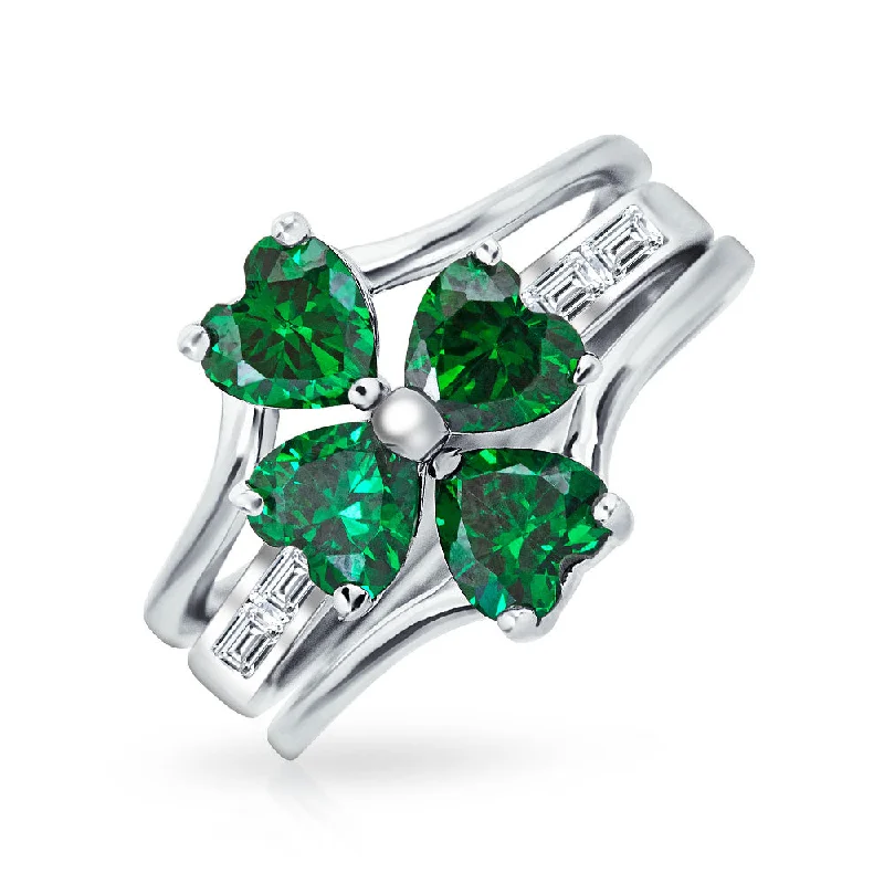 Fashion Rings for Women-St Patrick's Shamrock Cocktail Statement Ring with Green CZ & Clover Inset Sterling Silver