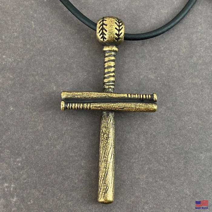 Natural Stone Necklaces-Baseball Bat And Ball Cross On Black Cord Necklace Antique Brass Finish