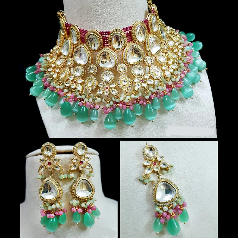 Rose Quartz Crystal Necklaces-Shubhratnam Jewellers Gold Plated Kundan Necklace Set