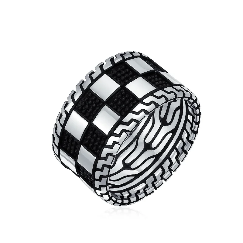 Luxury Gold Wedding Bands-Mens Silver Ring Two Tone Black Geometric Check Board Chess Band .925 Silver