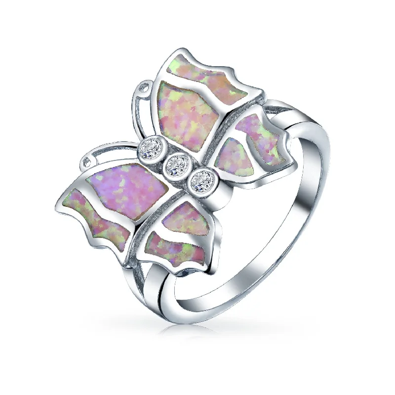 Gold Band Engagement Rings-Cocktail Statement Ring: Pink Opal Butterfly with CZ Accents in Sterling Silver