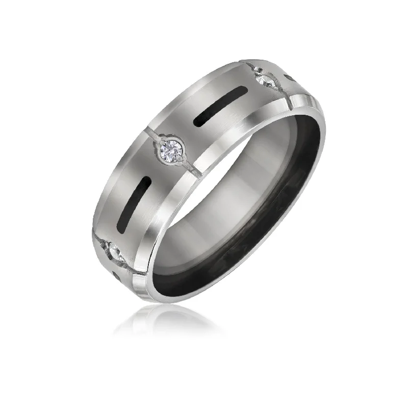 Silver Promise Rings-Black Inlay Tungsten Wedding Band Ring with CZ Accent and Silver Tone for Men