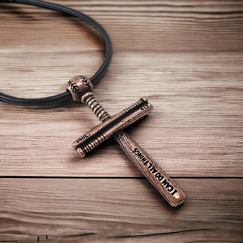 Large Gemstone Necklaces-Baseball Bat And Ball Cross Necklace Antique Copper Finish on Black Cord