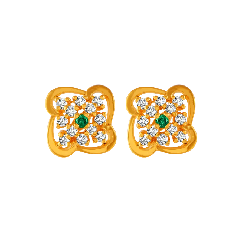 Gemstone Stud Earrings-22KT Yellow Gold And American Diamond Stud Earrings For Women