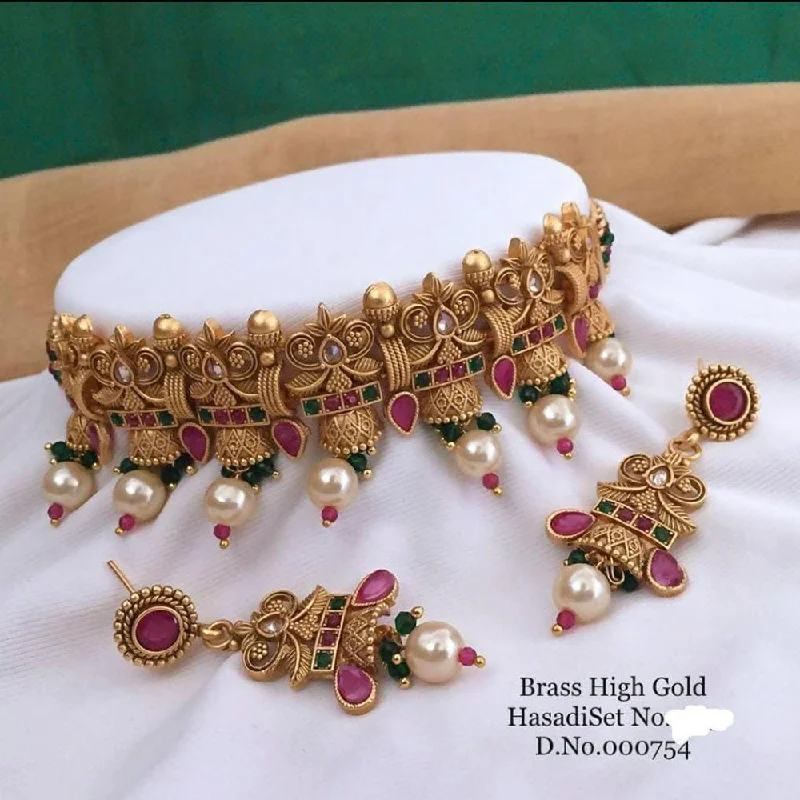 Chunky Gold Necklaces-Sai Fashion Gold Plated Kundan Choker Necklace Set